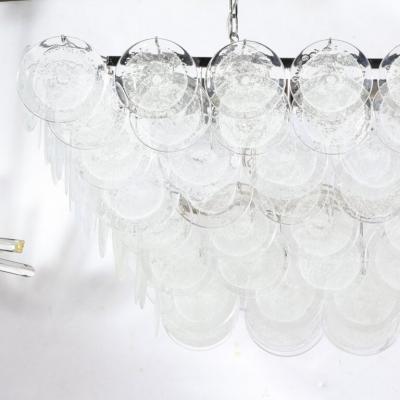 Modernist Elongated Hand Blown Transparent Murano Glass Disc Chrome Chandelier