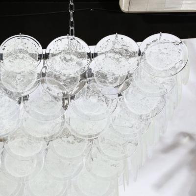 Modernist Elongated Hand Blown Transparent Murano Glass Disc Chrome Chandelier