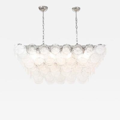 Modernist Elongated Hand Blown Transparent Murano Glass Disc Chrome Chandelier