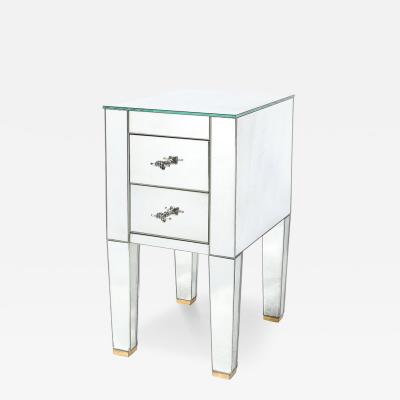 Modernist End Table Nightstand in Antique Mirror w Sculptural Hand Pulls