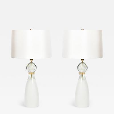 Modernist Faceted Mist Gray 24k Gold Murano Glass Hourglass Form Table Lamps