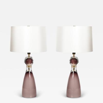 Modernist Faceted Smoked Amethyst Murano Glass Hourglass Form Table Lamps