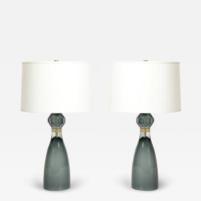Modernist Faceted Smoked Graphite Murano Glass Hourglass Form Table Lamps