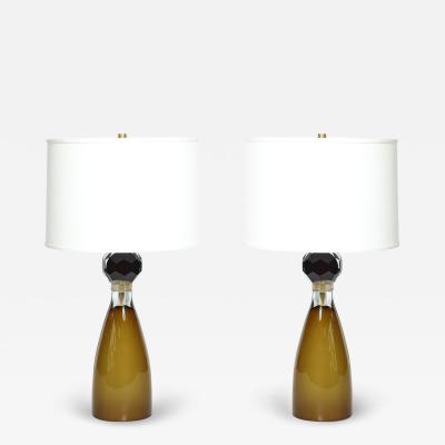 Modernist Faceted Smoked Tobacco Murano Glass Hourglass Form Table Lamps