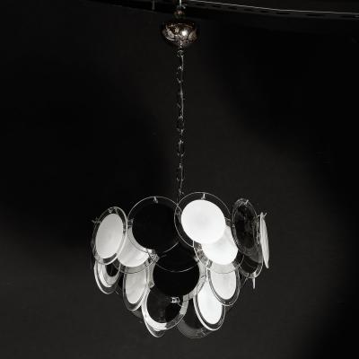 Modernist Four Tier Black and White Hand Blown Murano Disk Chandelier