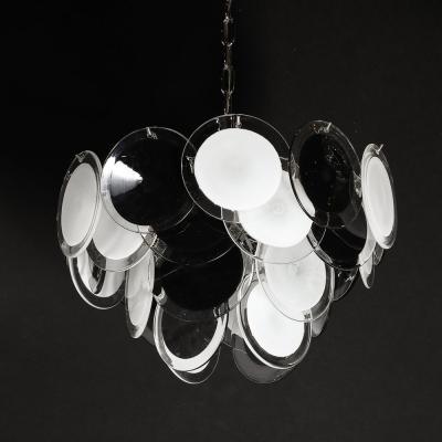 Modernist Four Tier Black and White Hand Blown Murano Disk Chandelier