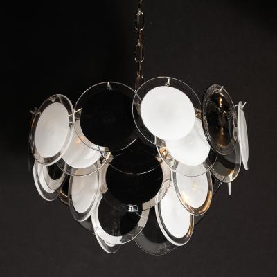 Modernist Four Tier Black and White Hand Blown Murano Disk Chandelier