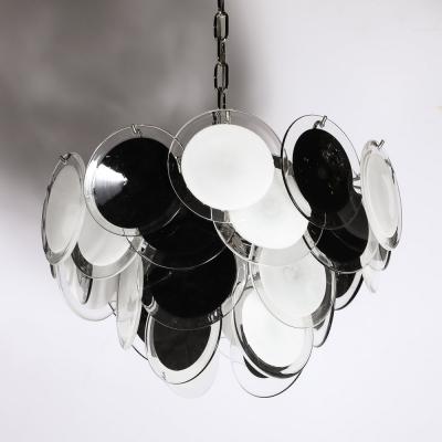 Modernist Four Tier Black and White Hand Blown Murano Disk Chandelier