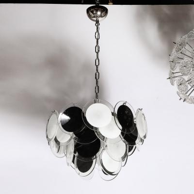 Modernist Four Tier Black and White Hand Blown Murano Disk Chandelier