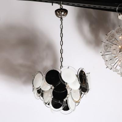 Modernist Four Tier Black and White Hand Blown Murano Disk Chandelier