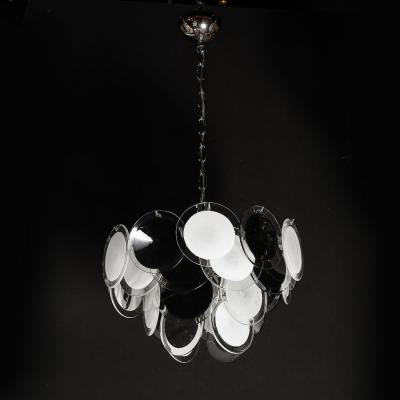 Modernist Four Tier Black and White Hand Blown Murano Disk Chandelier