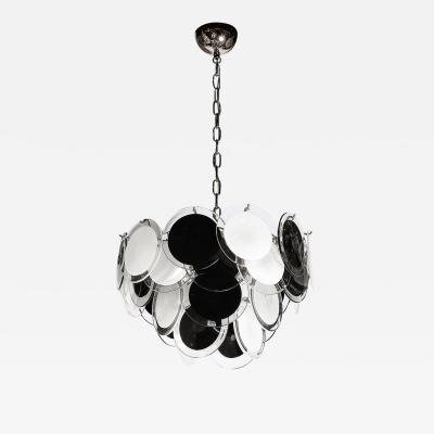 Modernist Four Tier Black and White Hand Blown Murano Disk Chandelier