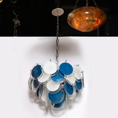 Modernist Four Tier White Cerulean Murano Glass Disc Chandelier