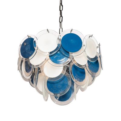 Modernist Four Tier White Cerulean Murano Glass Disc Chandelier