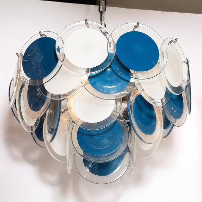 Modernist Four Tier White Cerulean Murano Glass Disc Chandelier