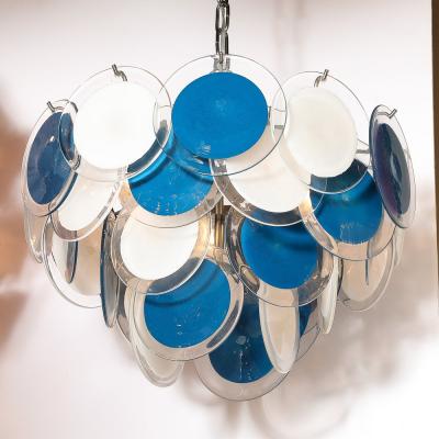 Modernist Four Tier White Cerulean Murano Glass Disc Chandelier