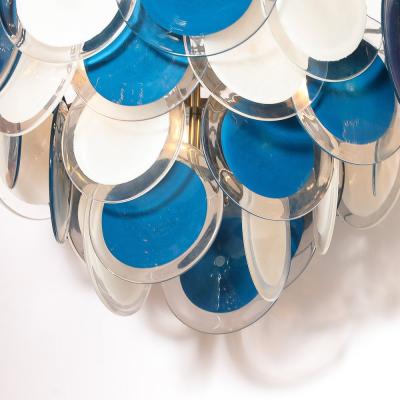 Modernist Four Tier White Cerulean Murano Glass Disc Chandelier