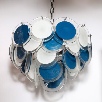 Modernist Four Tier White Cerulean Murano Glass Disc Chandelier