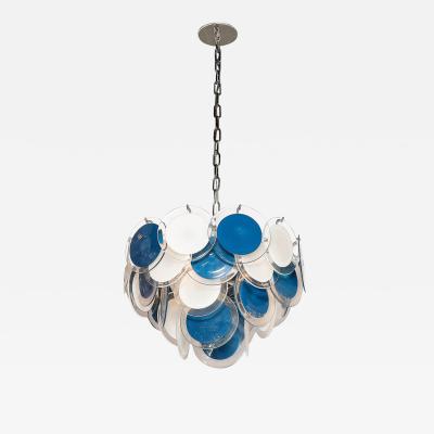 Modernist Four Tier White Cerulean Murano Glass Disc Chandelier