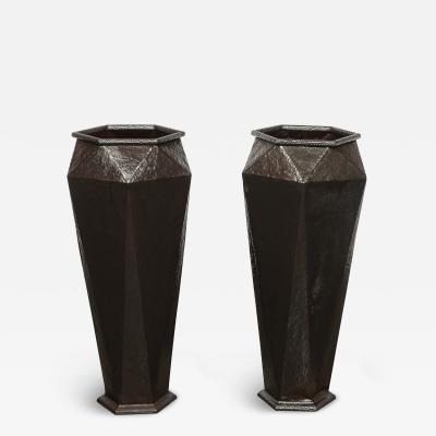 Modernist Geometric Faceted Hand Hammered Wrought Iron Vases in Bronze Finish