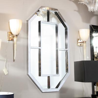 Modernist Geometric Shield Form Octagonal Geometric Mirror with Chrome Detailing