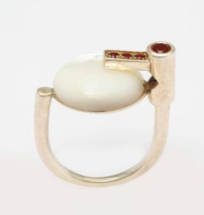 Modernist German Mother of Pearl and Garnet Silver Ring