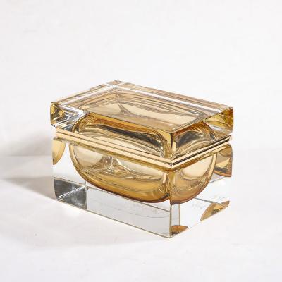 Modernist Hand Blown Amber Murano Glass Box with Brass Fittings
