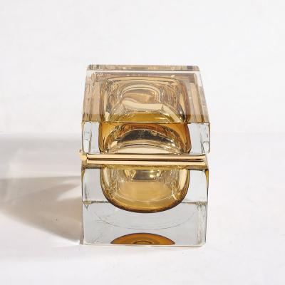 Modernist Hand Blown Amber Murano Glass Box with Brass Fittings