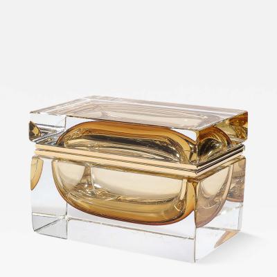 Modernist Hand Blown Amber Murano Glass Box with Brass Fittings