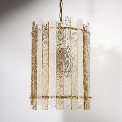 Modernist Hand Blown Amber and Clear Murano Glass Paneled Cylindrical Chandelier