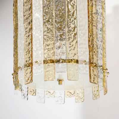 Modernist Hand Blown Amber and Clear Murano Glass Paneled Cylindrical Chandelier