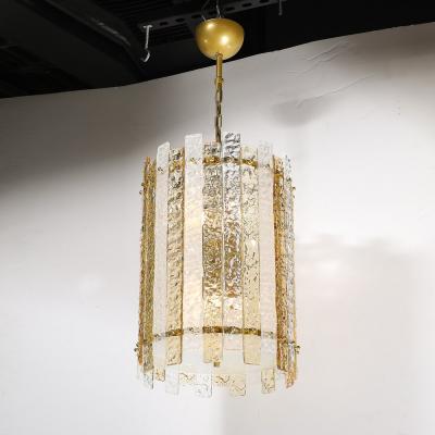 Modernist Hand Blown Amber and Clear Murano Glass Paneled Cylindrical Chandelier
