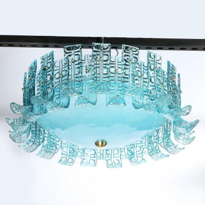 Modernist Hand Blown Aquamarine Murano Glass Chandelier with Frosted Diffuser