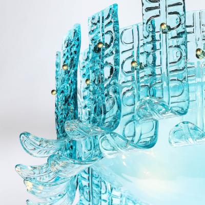 Modernist Hand Blown Aquamarine Murano Glass Chandelier with Frosted Diffuser