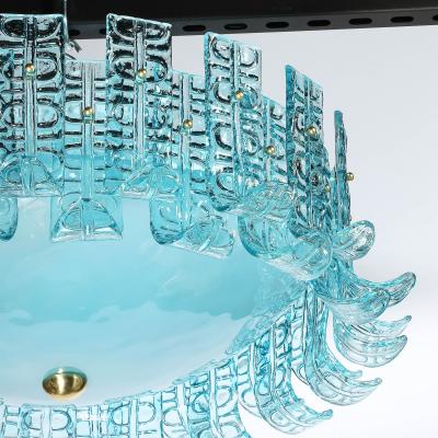Modernist Hand Blown Aquamarine Murano Glass Chandelier with Frosted Diffuser