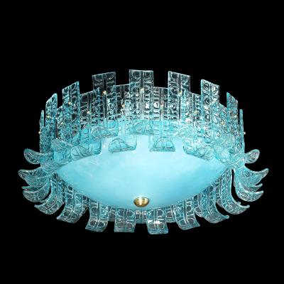 Modernist Hand Blown Aquamarine Murano Glass Chandelier with Frosted Diffuser
