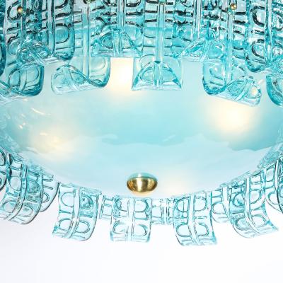 Modernist Hand Blown Aquamarine Murano Glass Chandelier with Frosted Diffuser