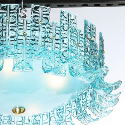 Modernist Hand Blown Aquamarine Murano Glass Chandelier with Frosted Diffuser