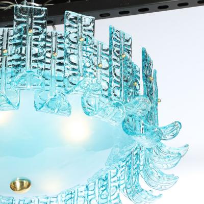 Modernist Hand Blown Aquamarine Murano Glass Chandelier with Frosted Diffuser