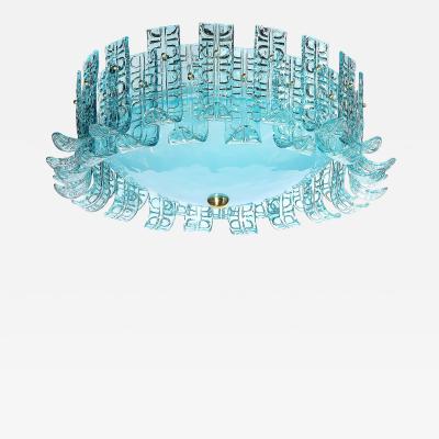 Modernist Hand Blown Aquamarine Murano Glass Chandelier with Frosted Diffuser
