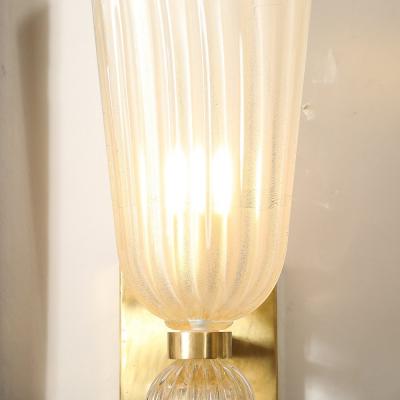 Modernist Hand Blown Fluted Murano Glass Brass Sconces W 24K Gold Flecks
