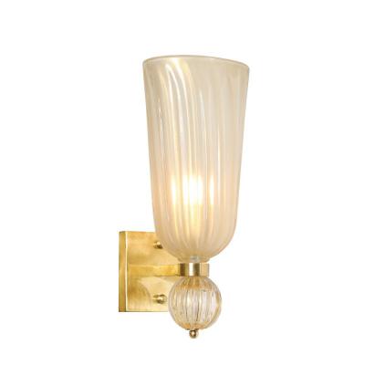 Modernist Hand Blown Fluted Murano Glass Brass Sconces W 24K Gold Flecks
