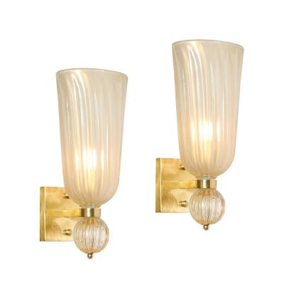 Modernist Hand Blown Fluted Murano Glass Brass Sconces W 24K Gold Flecks