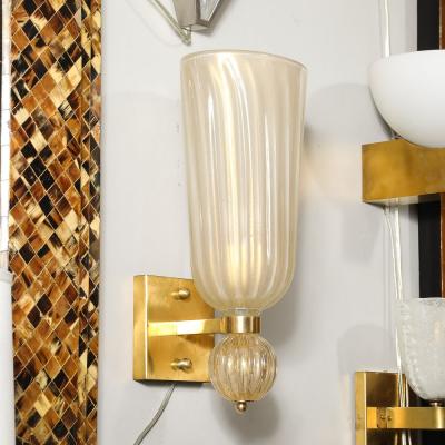 Modernist Hand Blown Fluted Murano Glass Brass Sconces W 24K Gold Flecks