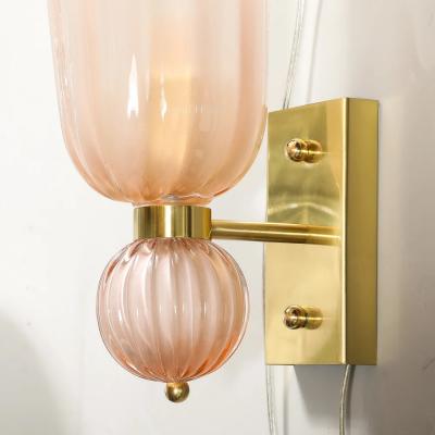 Modernist Hand Blown Fluted Murano Glass Sconces w Orbital Drop in Frosted Rose