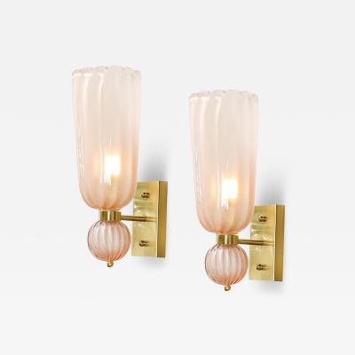 Modernist Hand Blown Fluted Murano Glass Sconces w Orbital Drop in Frosted Rose