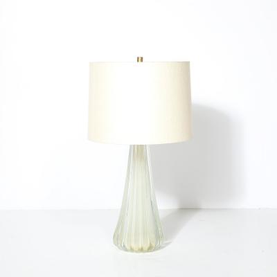 Modernist Hand Blown Fluted Oyster Murano Glass Brass Table Lamps