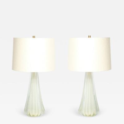 Modernist Hand Blown Fluted Oyster Murano Glass Brass Table Lamps