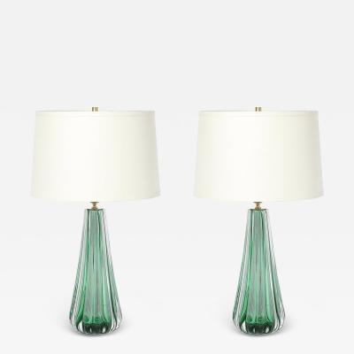 Modernist Hand Blown Fluted Translucent Sea Green Hue Murano Glass Table Lamps