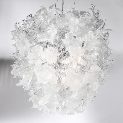 Modernist Hand Blown Frosted Clear Murano Glass Ethereal Bloom Bud Chandelier